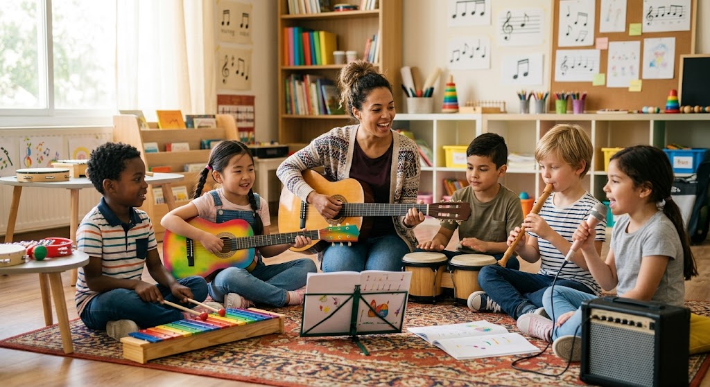 Children making music together in a group music class