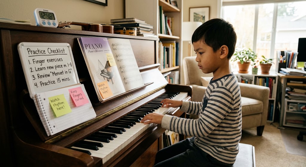 Child practicing piano and developing executive functioning skills