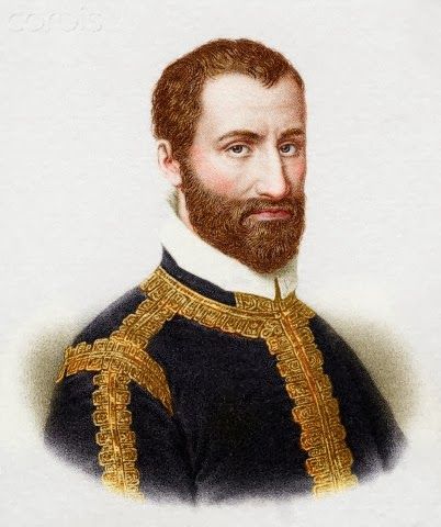 Colorized historical artwork showing Giovanni Pierluigi da Palestrina with a short beard, wearing a dark embroidered garment with a white collar.