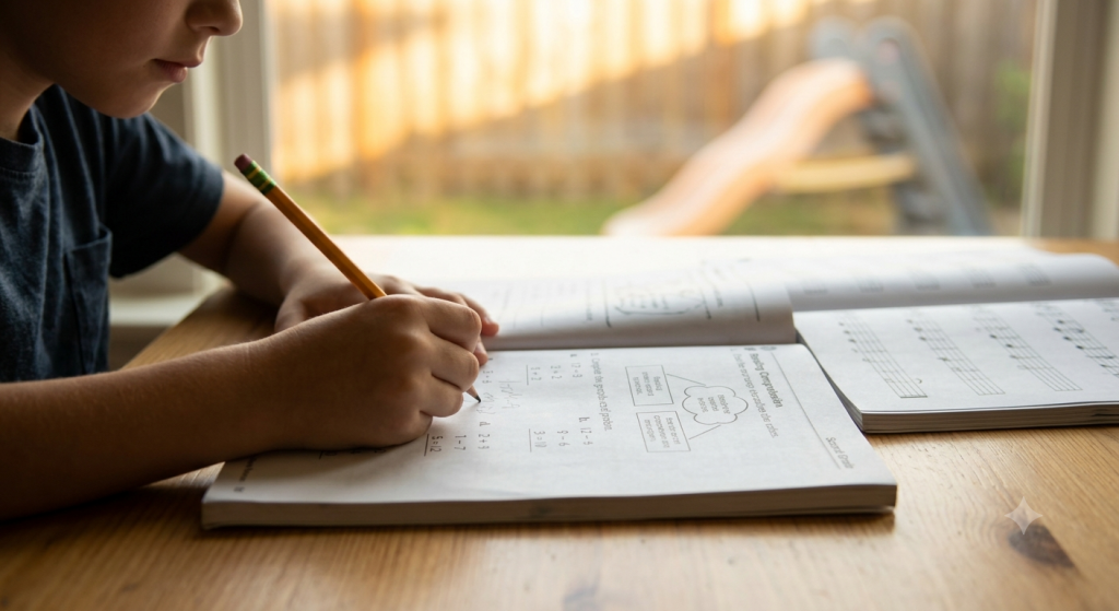 Student reading sheet music during a piano lesson
