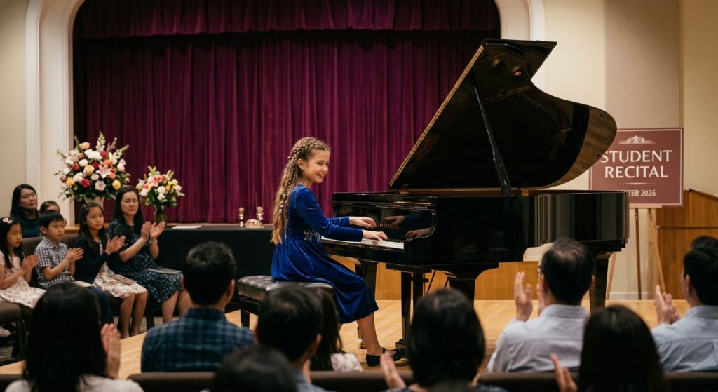 Young musician performing confidently at a student recital