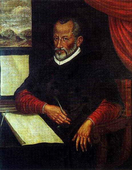 Painting of composer Giovanni Pierluigi da Palestrina seated at a wooden desk with a quill, parchment paper, and red sleeves.