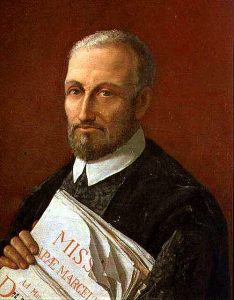 Oil portrait of Renaissance composer Giovanni Pierluigi da Palestrina holding sheet music titled Missa Papae Marcelli against a deep red background.