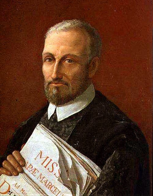 Oil painting of Giovanni Pierluigi da Palestrina holding the sheet music score for his famous work, Missa Papae Marcelli.
