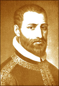 Sepia-toned historical illustration of Renaissance composer Giovanni Pierluigi da Palestrina wearing a high-collared dark coat with gold embroidery.