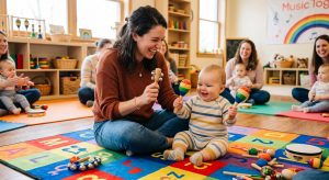 Parent and baby participating in a weekly Mommy & Me Music Time class at Chambers Music Studio in Columbus, Ohio.