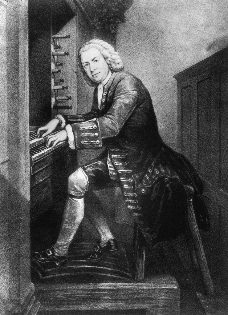 Black-and-white illustration of young Johann Sebastian Bach playing a Baroque pipe organ with hand keyboards and foot pedals. Caption: Bach was an accomplished organist and keyboard m